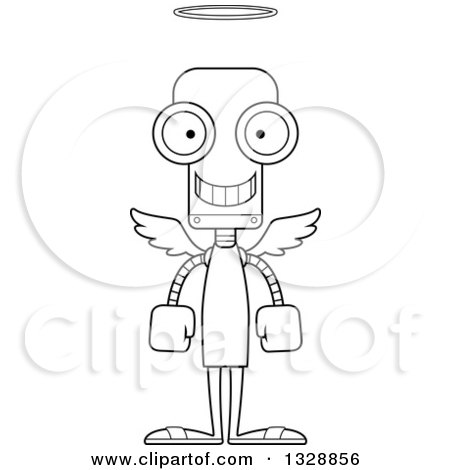 Lineart Clipart of a Cartoon Black and White Skinny Happy Angel Robot - Royalty Free Outline Vector Illustration by Cory Thoman