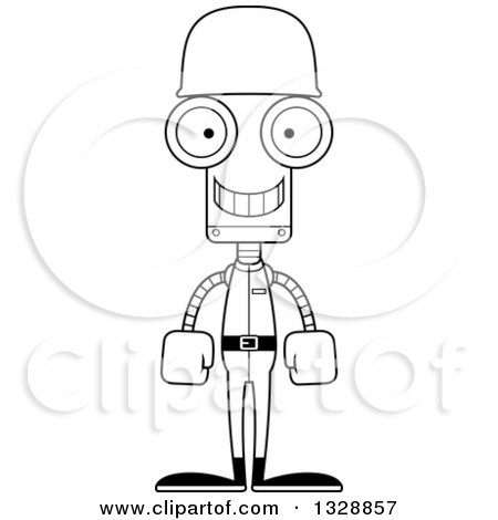Lineart Clipart of a Cartoon Black and White Skinny Happy Robot Soldier - Royalty Free Outline Vector Illustration by Cory Thoman