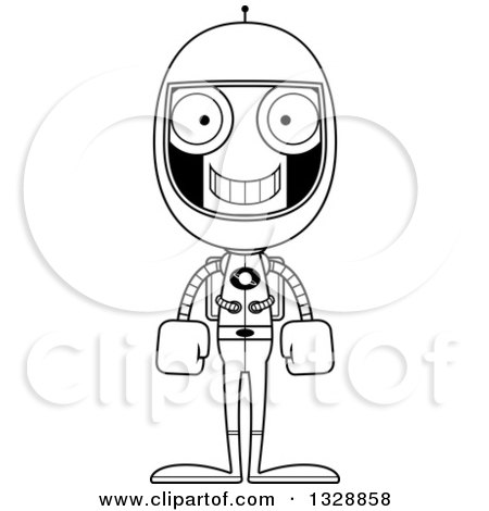 Lineart Clipart of a Cartoon Black and White Skinny Happy Robot Astronaut - Royalty Free Outline Vector Illustration by Cory Thoman