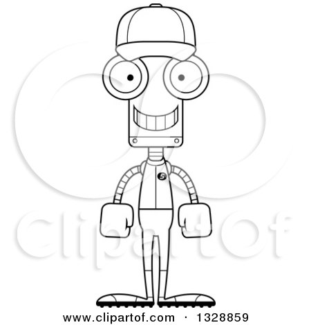 Lineart Clipart of a Cartoon Black and White Skinny Happy Robot Baseball Player - Royalty Free Outline Vector Illustration by Cory Thoman