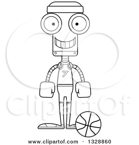 Lineart Clipart of a Cartoon Black and White Skinny Happy Robot Basketball Player - Royalty Free Outline Vector Illustration by Cory Thoman
