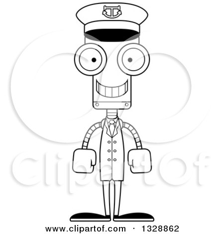 Lineart Clipart of a Cartoon Black and White Skinny Happy Robot Boat Captain - Royalty Free Outline Vector Illustration by Cory Thoman