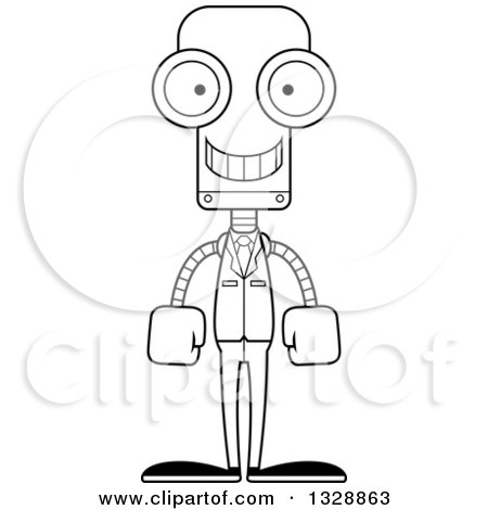 Lineart Clipart of a Cartoon Black and White Skinny Happy Business Robot - Royalty Free Outline Vector Illustration by Cory Thoman