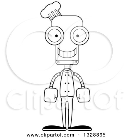 Lineart Clipart of a Cartoon Black and White Skinny Happy Chef Robot - Royalty Free Outline Vector Illustration by Cory Thoman