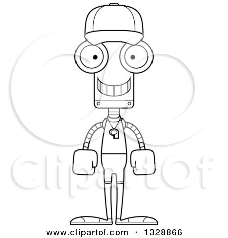 Lineart Clipart of a Cartoon Black and White Skinny Happy Robot Sports Coach - Royalty Free Outline Vector Illustration by Cory Thoman