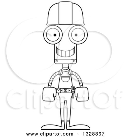 Lineart Clipart of a Cartoon Black and White Skinny Happy Robot Construction Worker - Royalty Free Outline Vector Illustration by Cory Thoman