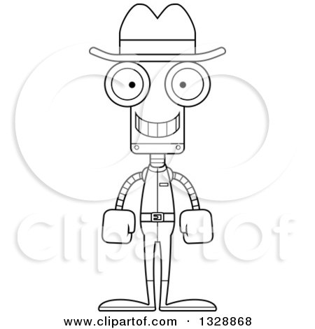 Lineart Clipart of a Cartoon Black and White Skinny Happy Robot Cowboy - Royalty Free Outline Vector Illustration by Cory Thoman