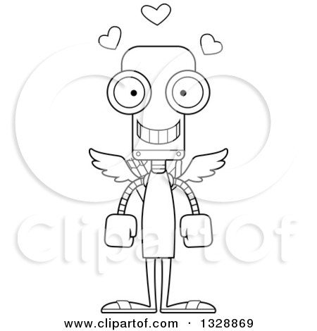 Lineart Clipart of a Cartoon Black and White Skinny Happy Cupid Robot - Royalty Free Outline Vector Illustration by Cory Thoman
