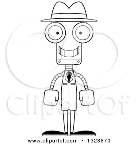 Lineart Clipart of a Cartoon Black and White Skinny Happy Robot Detective - Royalty Free Outline Vector Illustration by Cory Thoman