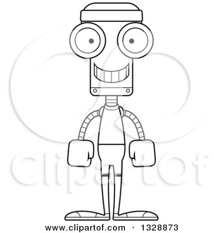 Lineart Clipart of a Cartoon Black and White Skinny Happy Fit Robot - Royalty Free Outline Vector Illustration by Cory Thoman
