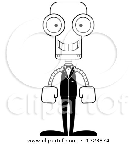 Lineart Clipart of a Cartoon Black and White Skinny Happy Robot Groom - Royalty Free Outline Vector Illustration by Cory Thoman