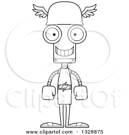 Lineart Clipart of a Cartoon Black and White Skinny Happy Robot Hermes - Royalty Free Outline Vector Illustration by Cory Thoman