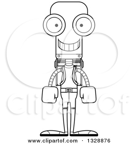 Lineart Clipart of a Cartoon Black and White Skinny Happy Hiker Robot - Royalty Free Outline Vector Illustration by Cory Thoman