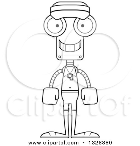 Lineart Clipart of a Cartoon Black and White Skinny Happy Robot Lifeguard - Royalty Free Outline Vector Illustration by Cory Thoman