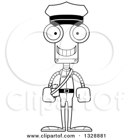 Lineart Clipart of a Cartoon Black and White Skinny Happy Robot Mailman - Royalty Free Outline Vector Illustration by Cory Thoman