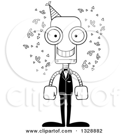 Lineart Clipart of a Cartoon Black and White Skinny Happy Party Robot - Royalty Free Outline Vector Illustration by Cory Thoman