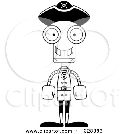 Lineart Clipart of a Cartoon Black and White Skinny Happy Pirate Robot - Royalty Free Outline Vector Illustration by Cory Thoman