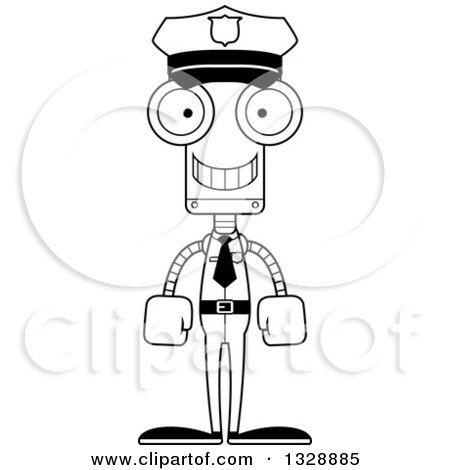 Lineart Clipart of a Cartoon Black and White Skinny Happy Robot Police Officer - Royalty Free Outline Vector Illustration by Cory Thoman