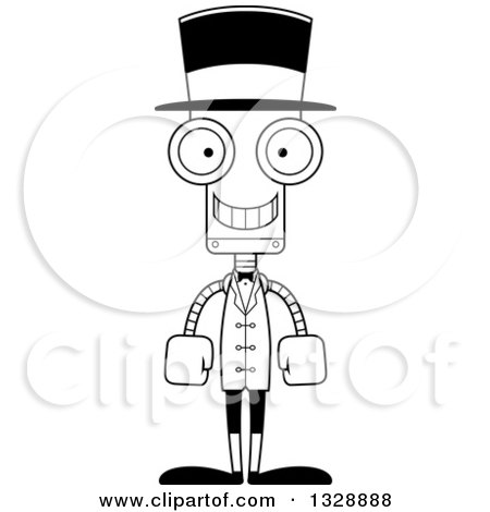 Lineart Clipart of a Cartoon Black and White Skinny Happy Robot Circus Ringmaster - Royalty Free Outline Vector Illustration by Cory Thoman