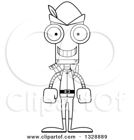 Lineart Clipart of a Cartoon Black and White Skinny Happy Robin Hood Robot - Royalty Free Outline Vector Illustration by Cory Thoman