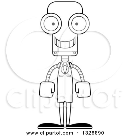 Lineart Clipart of a Cartoon Black and White Skinny Happy Robot Scientist - Royalty Free Outline Vector Illustration by Cory Thoman