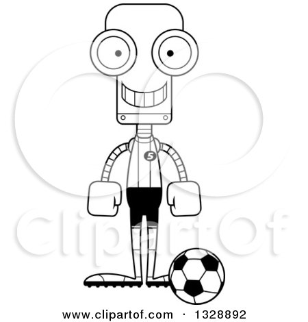 Lineart Clipart of a Cartoon Black and White Skinny Happy Robot Soccer Player - Royalty Free Outline Vector Illustration by Cory Thoman