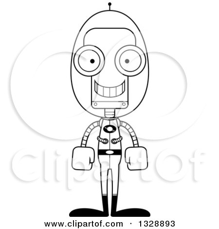 Lineart Clipart of a Cartoon Black and White Skinny Happy Futuristic Space Robot - Royalty Free Outline Vector Illustration by Cory Thoman