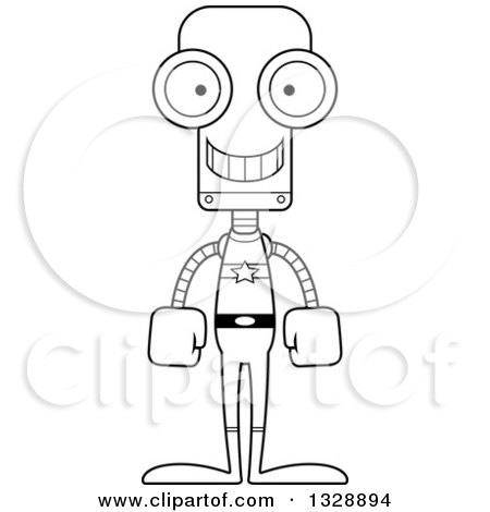 Lineart Clipart of a Cartoon Black and White Skinny Happy Super Hero Robot - Royalty Free Outline Vector Illustration by Cory Thoman