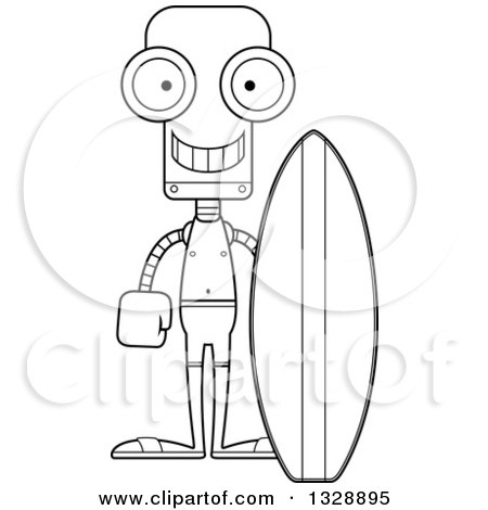 Lineart Clipart of a Cartoon Black and White Skinny Happy Robot Surfer - Royalty Free Outline Vector Illustration by Cory Thoman