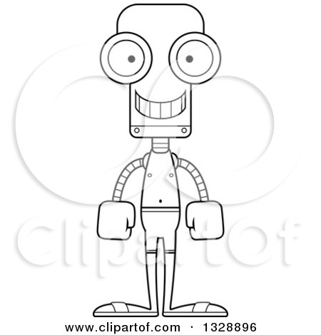 Lineart Clipart of a Cartoon Black and White Skinny Happy Robot Swimmer - Royalty Free Outline Vector Illustration by Cory Thoman