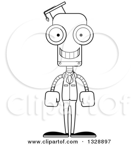 Lineart Clipart of a Cartoon Black and White Skinny Happy Robot Professor - Royalty Free Outline Vector Illustration by Cory Thoman
