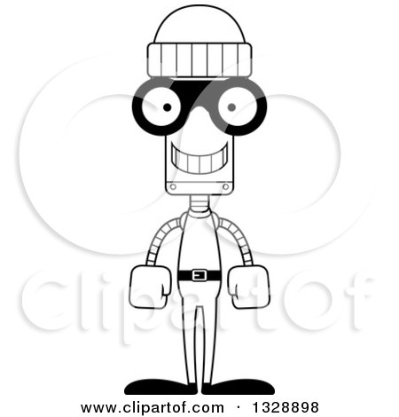 Lineart Clipart of a Cartoon Black and White Skinny Happy Robber Robot - Royalty Free Outline Vector Illustration by Cory Thoman