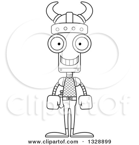 Lineart Clipart of a Cartoon Black and White Skinny Happy Viking Robot - Royalty Free Outline Vector Illustration by Cory Thoman