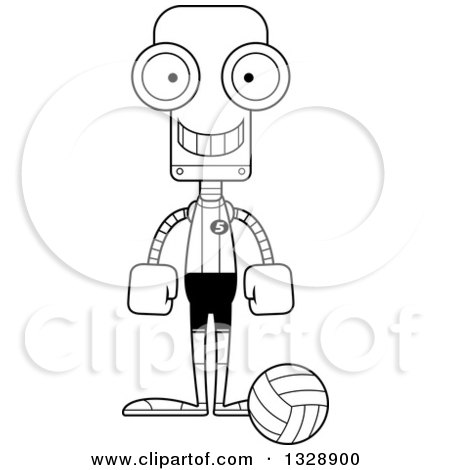 Lineart Clipart of a Cartoon Black and White Skinny Happy Robot Volleyball Player - Royalty Free Outline Vector Illustration by Cory Thoman