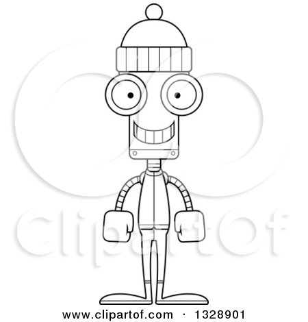 Lineart Clipart of a Cartoon Black and White Skinny Happy Robot in Winter Clothes - Royalty Free Outline Vector Illustration by Cory Thoman