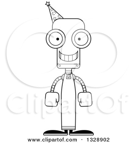 Lineart Clipart of a Cartoon Black and White Skinny Happy Wizard Robot - Royalty Free Outline Vector Illustration by Cory Thoman
