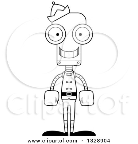 Lineart Clipart of a Cartoon Black and White Skinny Happy Christmas Elf Robot - Royalty Free Outline Vector Illustration by Cory Thoman