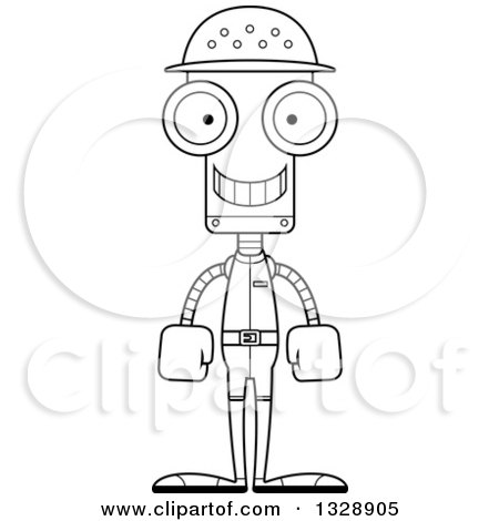 Lineart Clipart of a Cartoon Black and White Skinny Happy Robot Zookeeper - Royalty Free Outline Vector Illustration by Cory Thoman