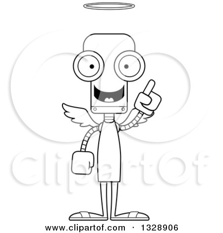 Lineart Clipart of a Cartoon Black and White Skinny Robot Angel with an Idea - Royalty Free Outline Vector Illustration by Cory Thoman