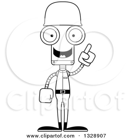 Lineart Clipart of a Cartoon Black and White Skinny Robot Soldier with an Idea - Royalty Free Outline Vector Illustration by Cory Thoman