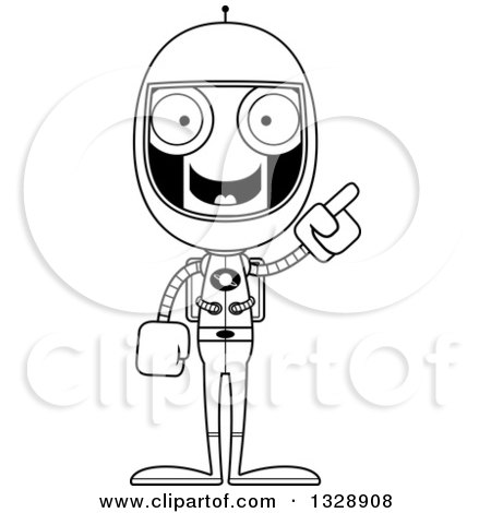 Lineart Clipart of a Cartoon Black and White Skinny Robot Astronaut with an Idea - Royalty Free Outline Vector Illustration by Cory Thoman