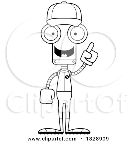 Lineart Clipart of a Cartoon Black and White Skinny Robot Baseball Player with an Idea - Royalty Free Outline Vector Illustration by Cory Thoman