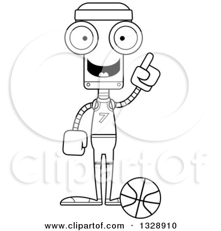 Lineart Clipart of a Cartoon Black and White Skinny Robot Basketball Player with an Idea - Royalty Free Outline Vector Illustration by Cory Thoman