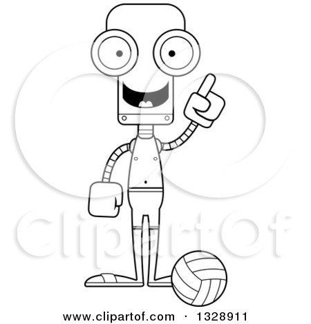 Lineart Clipart of a Cartoon Black and White Skinny Robot Beach Volleyball Player with an Idea - Royalty Free Outline Vector Illustration by Cory Thoman