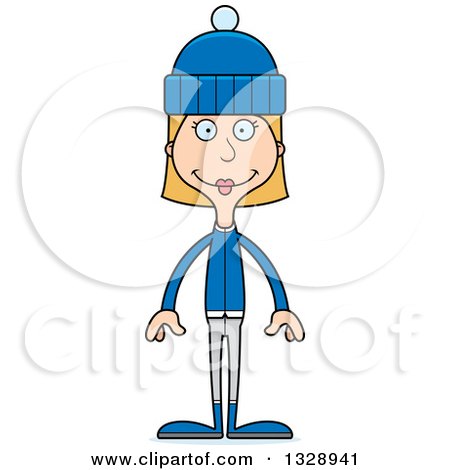 Clipart of a Cartoon Happy Tall Skinny White Woman in Winter Clothes - Royalty Free Vector Illustration by Cory Thoman