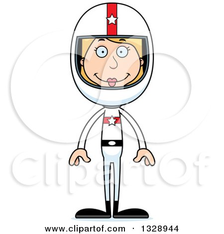 Clipart of a Cartoon Happy Tall Skinny White Woman Race Car Driver - Royalty Free Vector Illustration by Cory Thoman