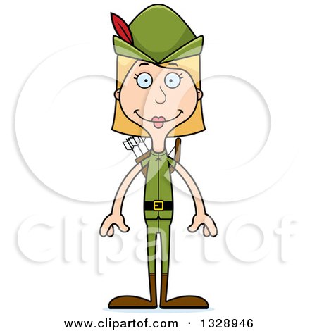 Clipart of a Cartoon Happy Tall Skinny White Robin Hood Woman - Royalty Free Vector Illustration by Cory Thoman