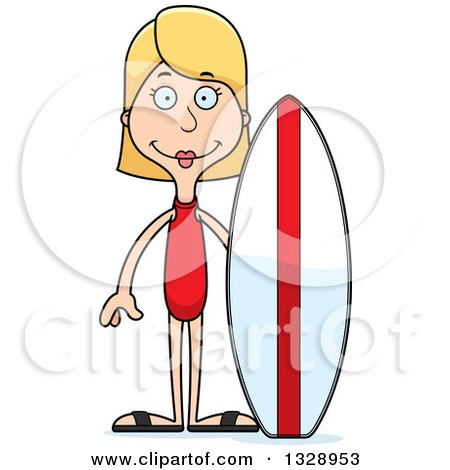 Clipart of a Cartoon Happy Tall Skinny White Woman Surfer - Royalty Free Vector Illustration by Cory Thoman