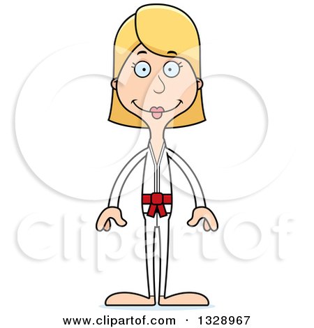 Clipart of a Cartoon Happy Tall Skinny White Karate Woman - Royalty Free Vector Illustration by Cory Thoman