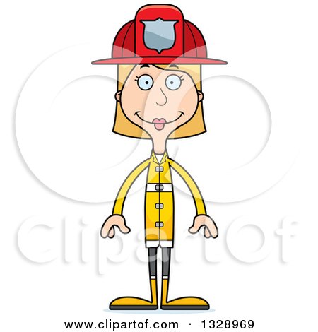 Clipart of a Cartoon Happy Tall Skinny White Woman Firefighter - Royalty Free Vector Illustration by Cory Thoman